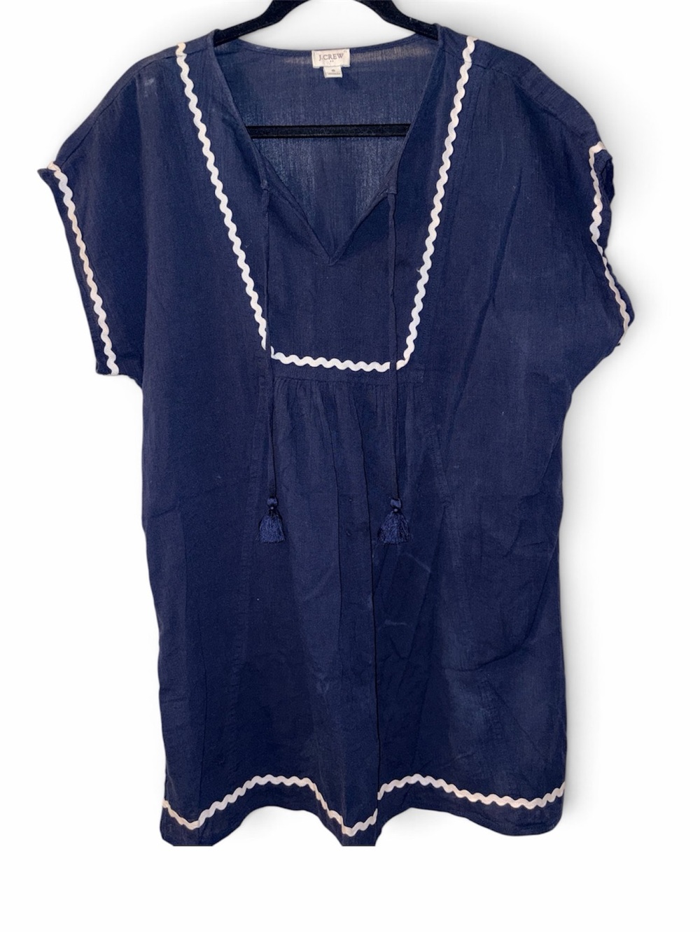 J. Crew Navy Tunic with White Scalloped Trim and Tassel Ties